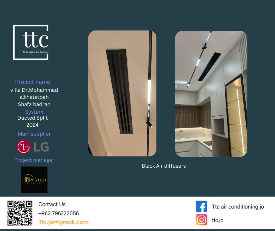 Black linear diffusers set into the ceiling, feeding conditioned air into the kitchen and living spaces.