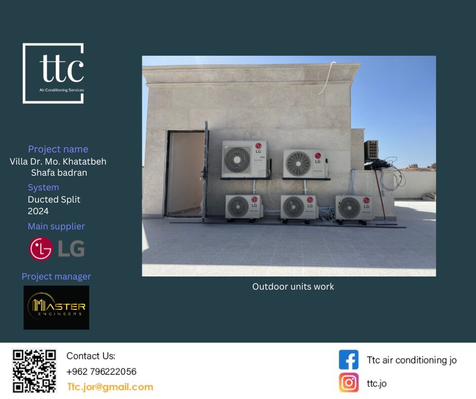 The outdoor LG condensing units for the villa's ducted split system, mounted and piped on the rooftop.