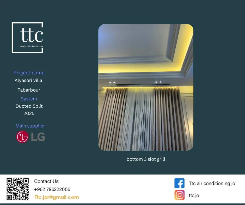 TTC project card: Alyasori Villa in Tabarbour, Amman, an LG ducted split system with a linear slot diffuser in a coffered ceiling.