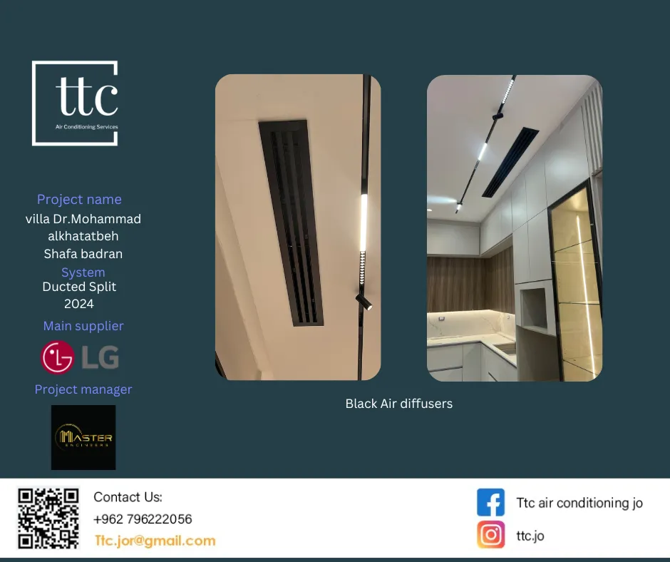 TTC project card: Dr. Mohammad Al-Khatatbeh's villa in Shafa Badran, black slot diffusers for the LG ducted split system.