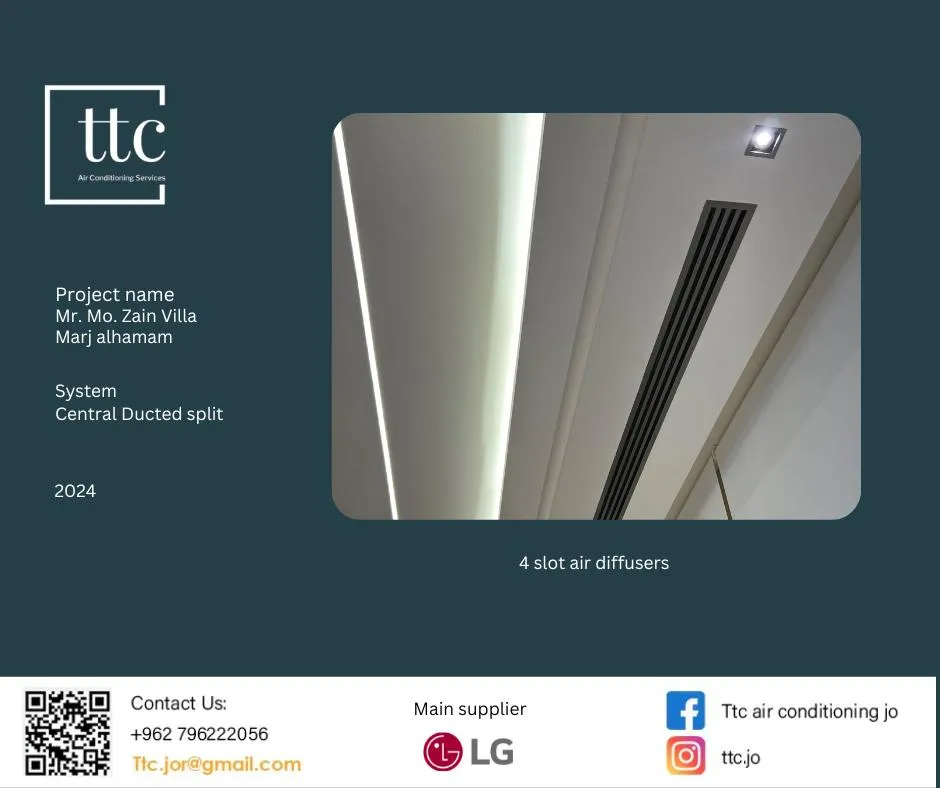 TTC project card: Mr. Mohammad Zain's villa in Marj Al-Hamam, an LG central ducted split system with slot diffusers.