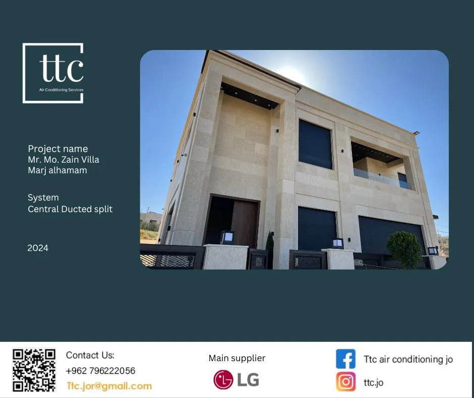TTC project card: Zain Villa in Marj Al-Hamam, finished central supply-air diffusers.